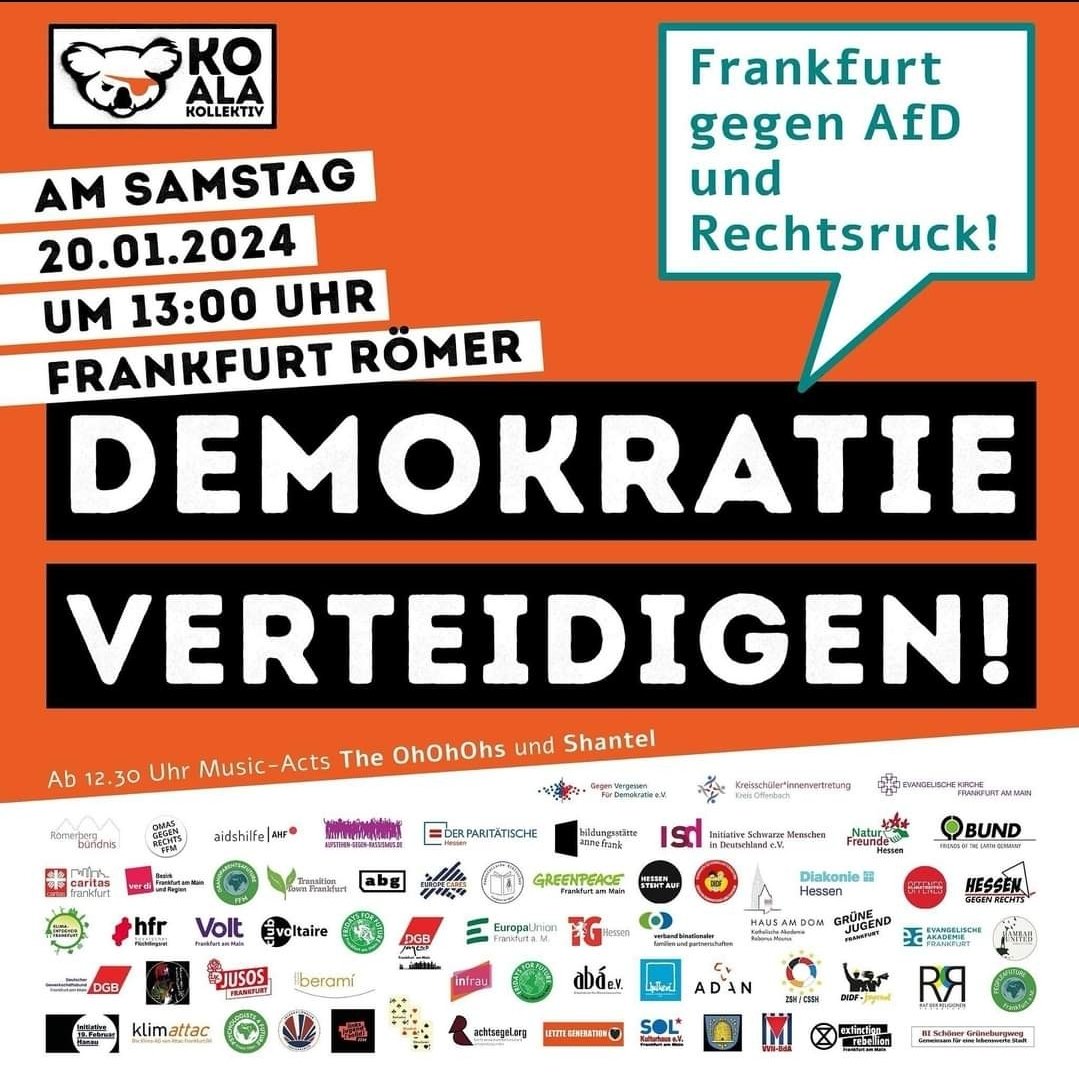 Wieder einmal wurden menschenverachtende Pläne von AfD und anderen Rechtsextremen bekannt. Was es jetzt braucht, ist ein aktives Aufstehen gegen Rechts aus der ganzen Breite der Gesellschaft! Kommt zur Demo: „Demokratie verteidigen – Frankfurt gegen AfD und Rechtsruck!“