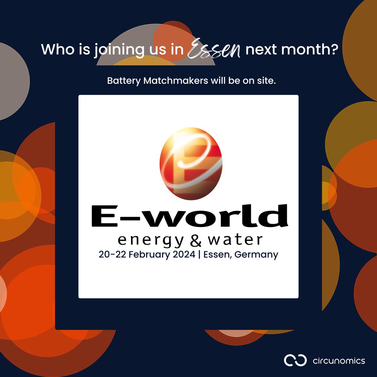 circunomics's tweet photo. We are just 5 short weeks away from this world-class event in Essen. We are looking forward to connecting with many of you there! Who is joining us?!? 🙋‍♀️Let us know in the comments below! 

#eworld24 #newenergy #sustainability #circulareconomy #recycle #reuse #2ndlifebattery https://t.co/MDmMet99QU