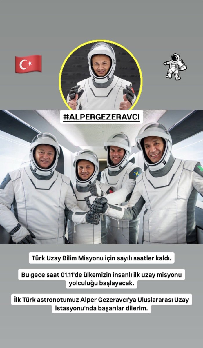 Türk Uzay Bilim Misyonu için sayılı saatler kaldı.

Bu gece saat 01.11'de ülkemizin insanlı ilk uzay misyonu yolculuğu başlayacak.

İlk Türk astronotumuz Alper Gezeravcı'ya <a href="/TURKastro/">Alper Gezeravcı</a> Uluslararası Uzay İstasyonu'nda başarılar dilerim.
#AlperGezeravcı <a href="/tuajans/">Türkiye Uzay Ajansı</a> <a href="/SpaceX/">SpaceX</a>