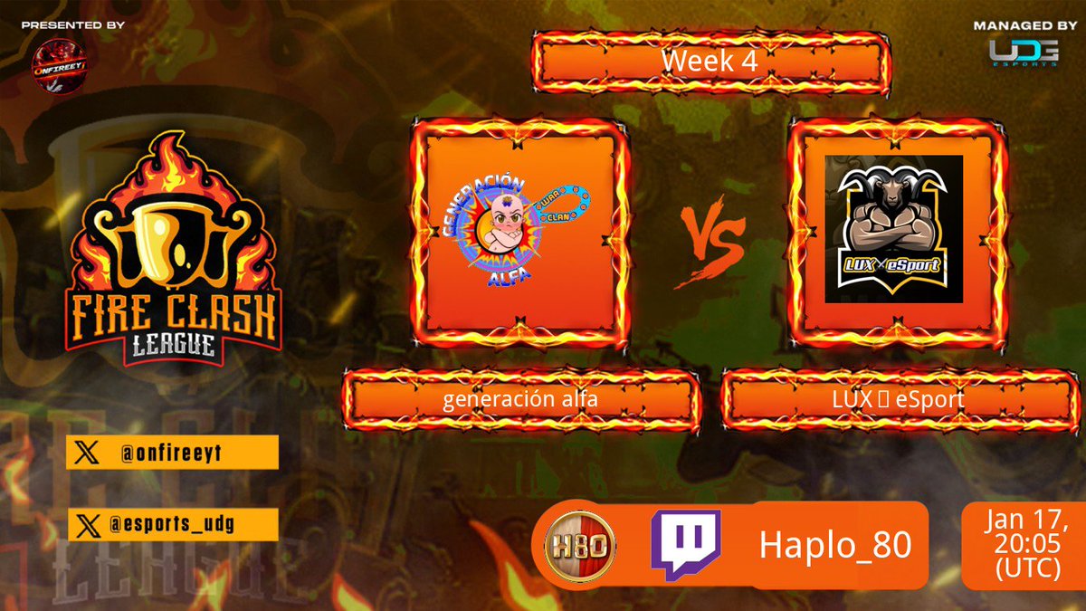 🏆Serata Esports 2 di 3🏆
⏰ore 21.00⏰ ➡️Torneo FCL week4 <a href="/esports_udg/">uDG Esports</a> 
Generacion Alfa vs Lux Esport <a href="/pktrcoc/">PkTr Family</a> 

twitch.tv/haplo_80

#clashofclans #supercell #esport #haplo80 #twitch #live