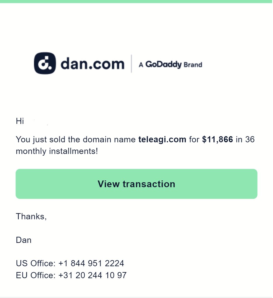Sold TeleAGI.com I expected to have some nice AGI domain sales this year, the bigger boom of AGI/ASI names is expected during 25. #AGI #ASI #DomainSold