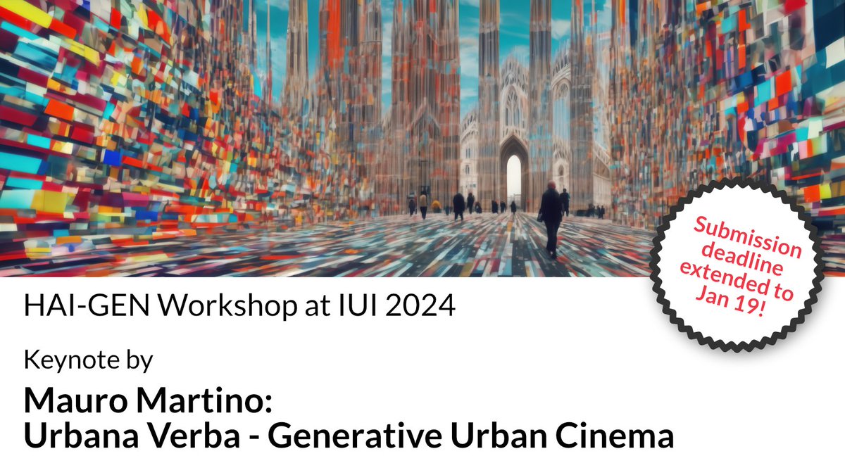 📣 Excited to announce that artist, designer, and researcher Mauro Martino will be giving the keynote talk at the #HAIGEN2024 workshop on Human-AI Co-Creation with Generative Models! 👉 Submit your paper, demo or poster by Jan 19: hai-gen.github.io/2024/cfp/ #CHI #HCI #AI #IUI2024