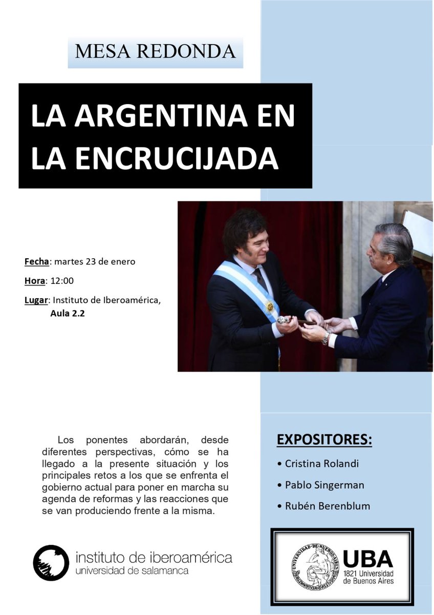 Mesa redonda: "La Argentina en la Encrucijada" con <a href="/cristinarolandi/">Cristina A Rolandi</a>, <a href="/PabloSingerman/">Pablo Singerman</a> y Rubén Berenblum. 23 de enero a las 12:00 en <a href="/iberoame/">Inst. de Iberoamérica</a>. Entrada abierta!
