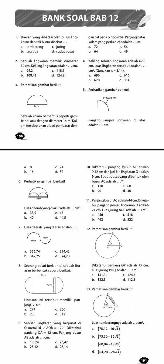 rasya_belajar's tweet image. [H - 104 SNBT 2024]

Subtes : PK/PM
Materi : 41 soal materi lingkaran

Seperti biasa kunci jawaban ada di reply ya!

Soal part 1