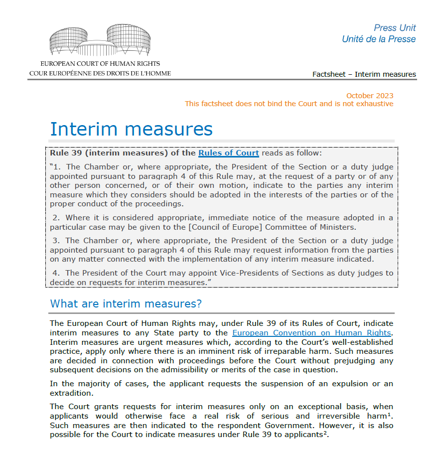 andrew_cutting's tweet photo. Here's a factsheet from the European Court of Human Rights on 'Rule 39' interim measures👇
🔗https://t.co/fdLJXmowNx (pdf)
#ECHR #NoPyjamas https://t.co/RvYUc09RPt