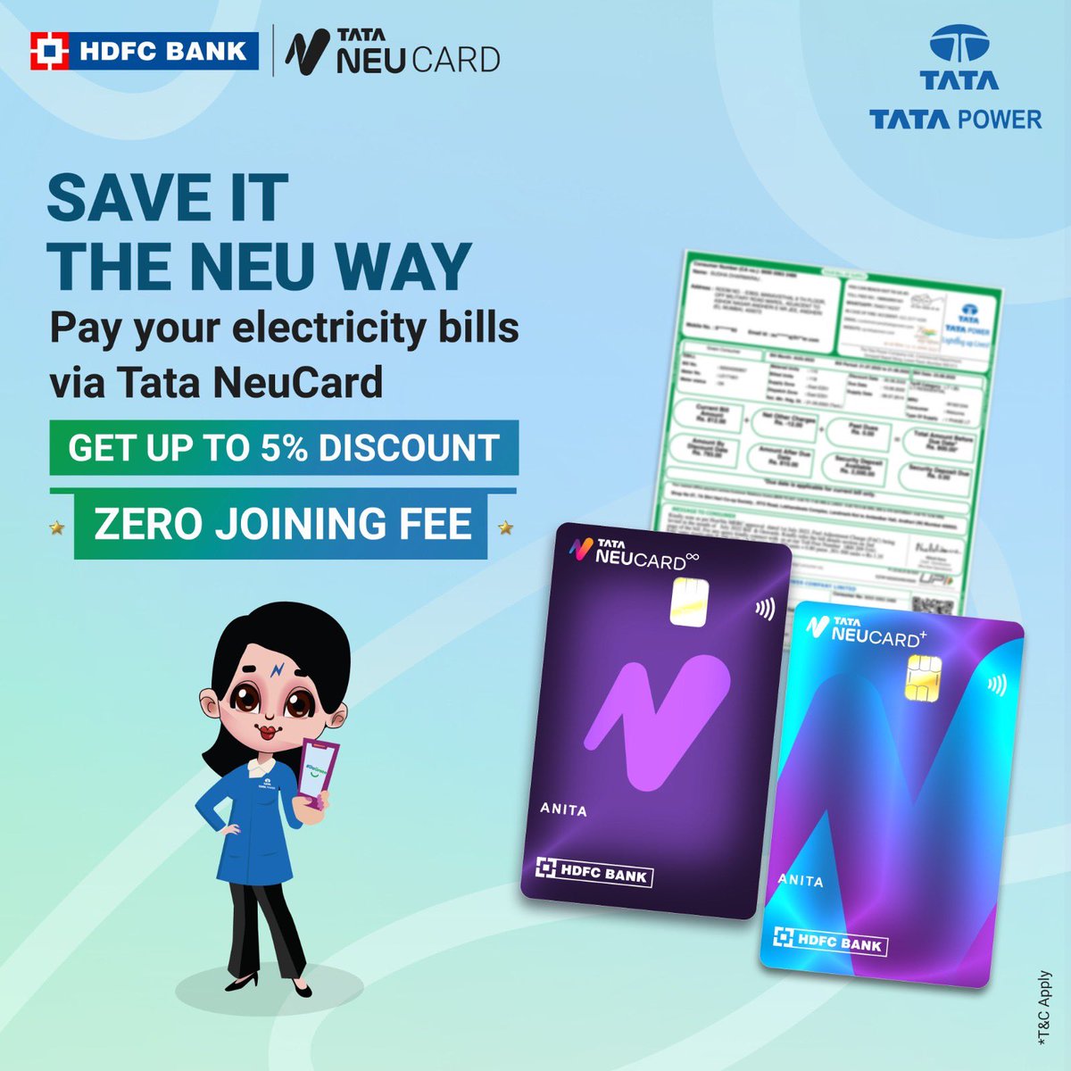 TataPower's tweet photo. Simplify your electricity bill payments with the TATA NEUCARD! Take charge of your electricity bills through @tata_neu and save up to a 5% discount with NeuCard.

*Terms and Conditions Apply. Know more by clicking the link: https://t.co/9IiEWnR9xk

#NeuCard #TataNeu https://t.co/bhVzLaYZqQ