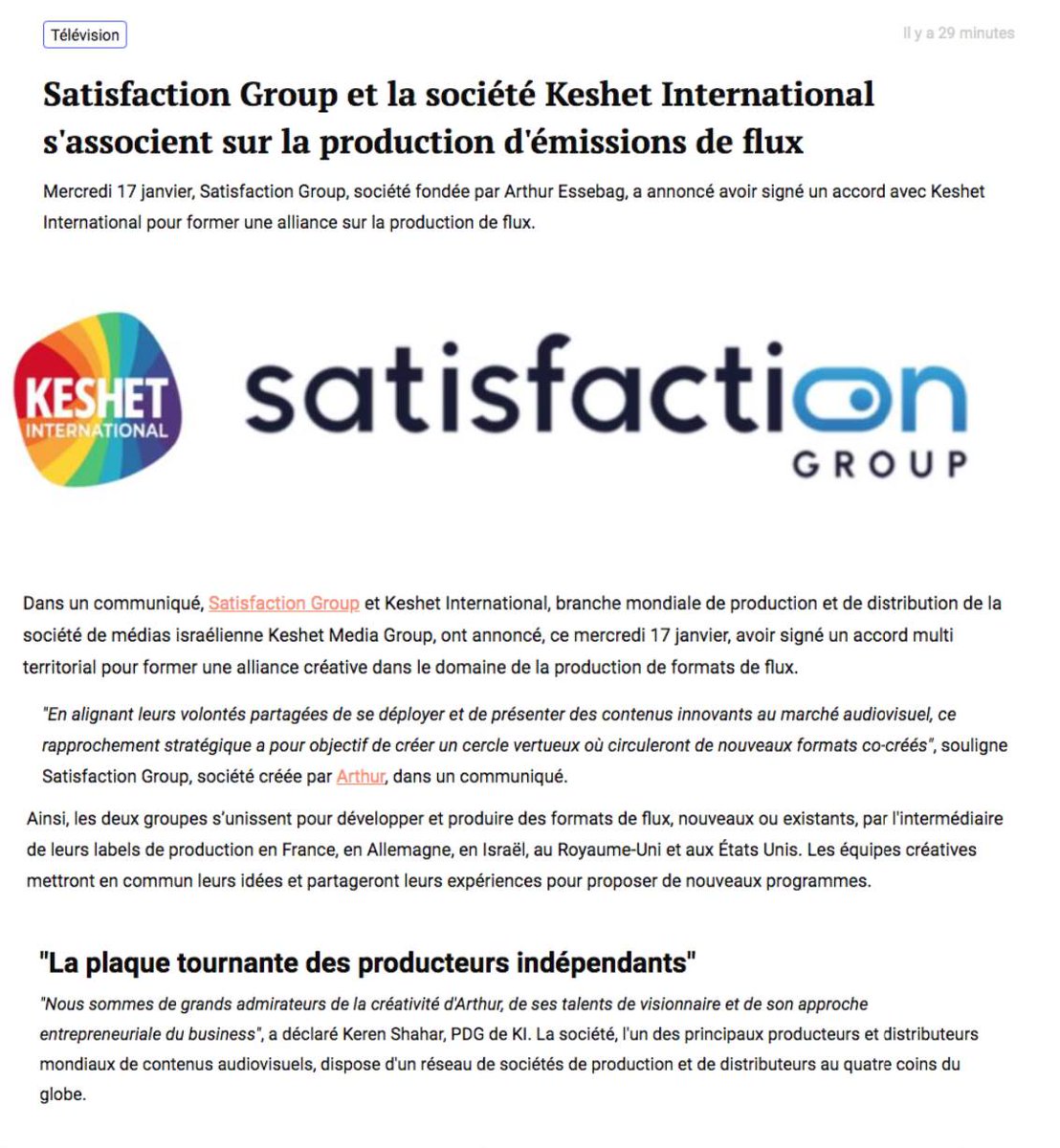 Satisfaction_tv's tweet photo. #SatisfactionGroup & @KeshetIntl s'associent sur les formats de flux! Notre groupe de production créé par
@Arthur_Officiel et le producteur & distributeur mondial de contenus annoncent un partenariat créatif axé sur le développement de nouveaux formats.➡️https://t.co/LK3Nt6Vx9d… https://t.co/XAnVxLMHj6