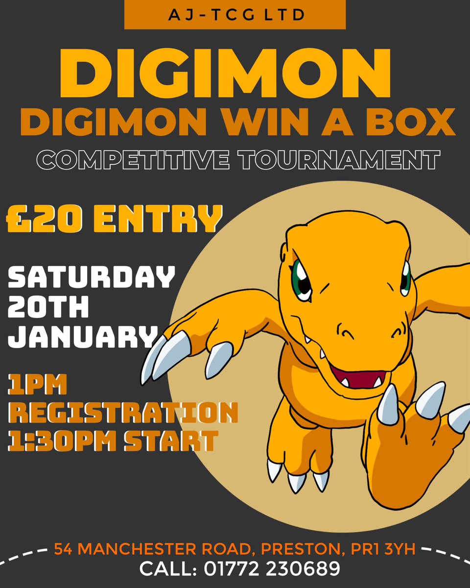 AJ_TCG_LTD's tweet photo. OUR FIRST DIGIMON TOURNAMENT WILL BE THIS SATURDAY!👏

To secure your spot call or message!👌

For any extra information, just ask. ☺️

#digimon https://t.co/jQWogmz6sE