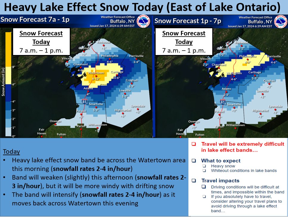 Heavy snow will also impact the Eastern Lake Ontario Region today. The band will be across the Watertown area this morning, then will shift slightly north of the city this afternoon. The band will drop southward across Watertown this evening. Very heavy snow with rates 2-4 in/hr.