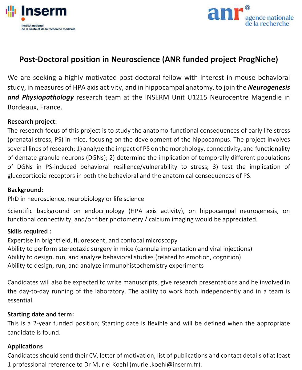 You have or will soon have a phD in Neuroscience ; you are interested in stress, behavior and the hippocampus ; you like mice ; you are ready for the 'chocolatine ' and 'cannelé' experience ....Then check out this opportunity to perform a post-doc in Bordeaux !!!!