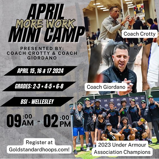 It’s a full slate of WORK this spring in Wellesley!

Boys Skills Academy 
Girls Skills Academy 
Friday Night Shooting
April Vacation Mini Camp

Come join the 2700+ athletes who improved with Gold Standard in 2023! More programs and locations coming soon!

More. Work. Please!!