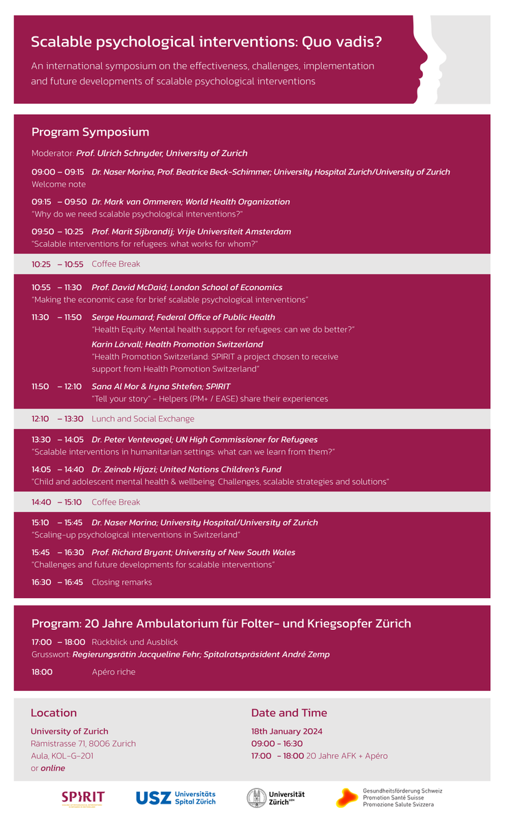 TOMORROW 📣 Scalable psychological interventions: Quo vadis? 📅 Date: January 18, 9:00 am - 6:00 pm CET 📍 Location: University of Zurich / University Hospital Zurich and online. 👉 Learn more: bit.ly/47D5SVM