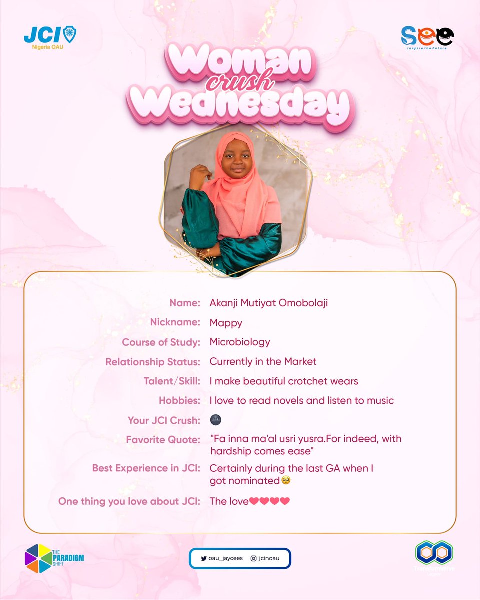 jcinoau's tweet photo. Our Woman Crush Wednesday for the week 😌😌😌
Meet Mutiyat ✨✨...
#JCI
#JCINigeriaCollegiate
#JCINigeria
#JCINOAU
#WomanCrushWednesday
#SEE
#TheParadigmShift
#TransformativeLegacy
#InspiretheFuture
#ItStartsWithYou https://t.co/7qSVPiwdB0