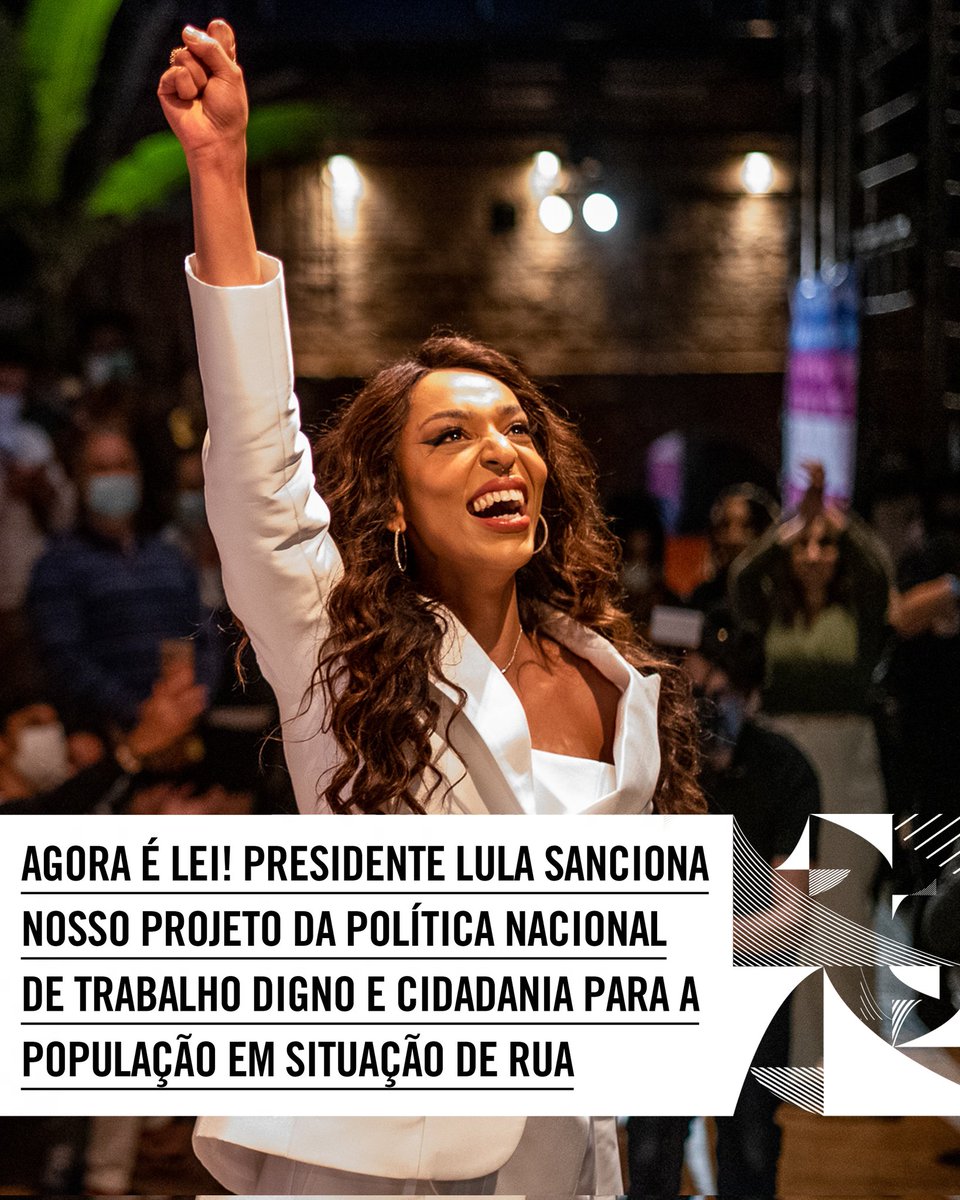 1ª LEI SANCIONADA!

Um orgulho, em menos de um ano de mandato, ter meu projeto da Política Nacional de Trabalho Digno e Cidadania para a População em Situação de Rua aprovado e sancionado pelo Presidente <a href="/LulaOficial/">Lula</a>.

E é uma Lei que tenho imenso orgulho. É a primeira Lei