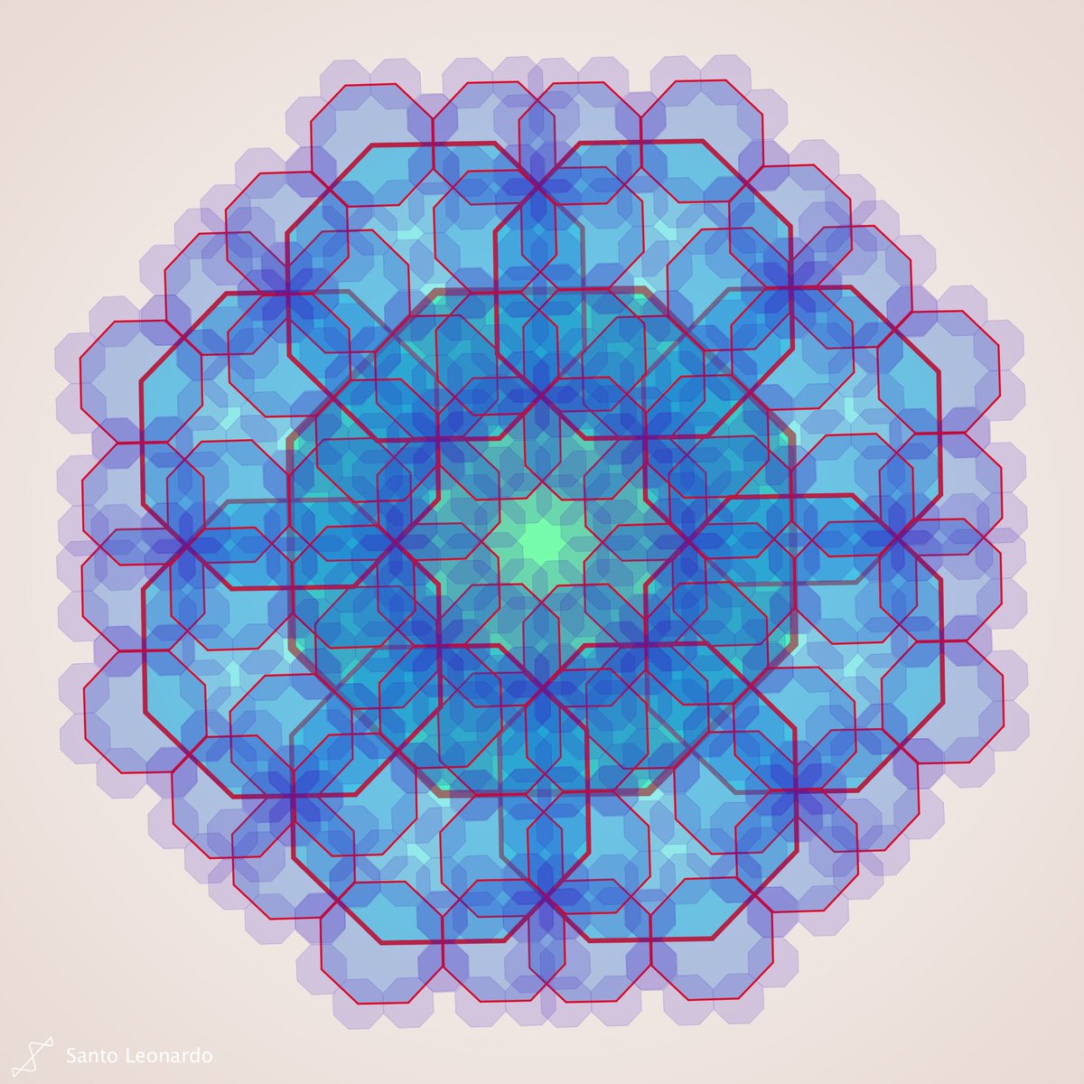 LeonArTech's tweet photo. Recursive pattern with 585 overlapped octagons in 4 levels, made for #genuary2024 "Inspired by Islamic art".
Color in Hue, Saturation, Brightens, and transparency is a function of the recursion level.
#genuary #genuary17 #digitalart #generativeart #mathart #math #creativecoding https://t.co/30j7Z6tmq1