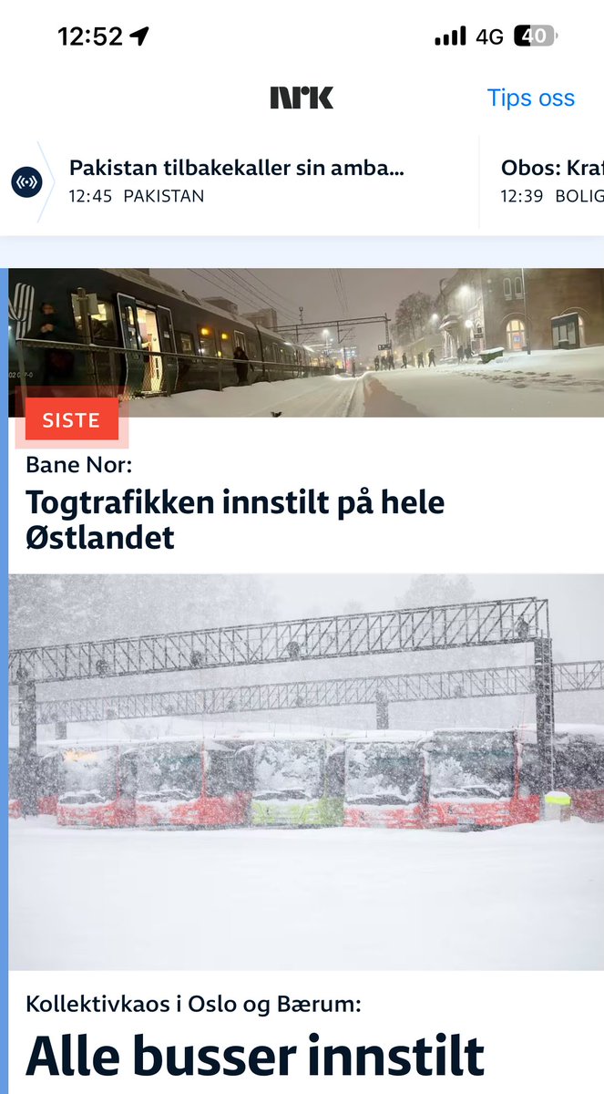 Filips_P's tweet photo. Sniegs rada palielas problēmas arī Norvēģijā, kur varētu domāt, ka tas nav nekas īpašs. Oslo un Norvēģijas austrumu daļā apstājusies gan autobusu, gan vilcienu satiksme. https://t.co/dHlmjpbvcJ