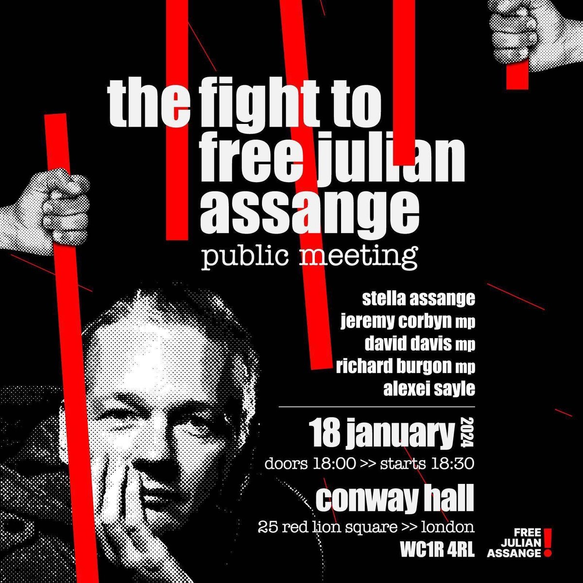 Tomorrow - 18 January, 18:00 Public Rally ahead of pivotal February 20/21 UK court hearings for Julian Assange who faces a 175 year sentence if extradited for journalism Conway Hall, 25 Red Lion Square, London, WC1R 4RL #FreeAssange #FreeAssangeNOW actionnetwork.org/events/the-fig…