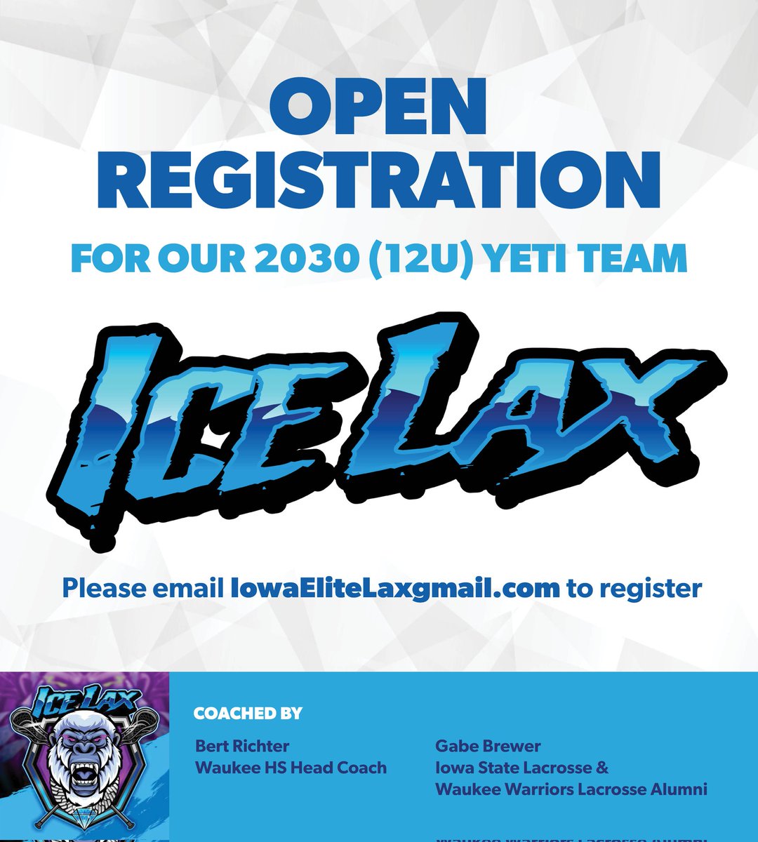 Iowa Central Elite Lacrosse (@ice_lacrosse) on Twitter photo ICE LAX Clinic & Player Evaluation Tryout for our 2025/26, 2027, & 2028 YETIS
Open registration for our 2030 YETIS
Please register via email at iowaelitelax@gmail.com
Graphics <a href="/staceywilley/">Stacey Willey</a> ICE LAX Clinic & Player Evaluation Tryout for our 2025/26, 2027, & 2028 YETIS
Open registration for our 2030 YETIS
Please register via email at iowaelitelax@gmail.com
Graphics <a href="/staceywilley/">Stacey Willey</a>