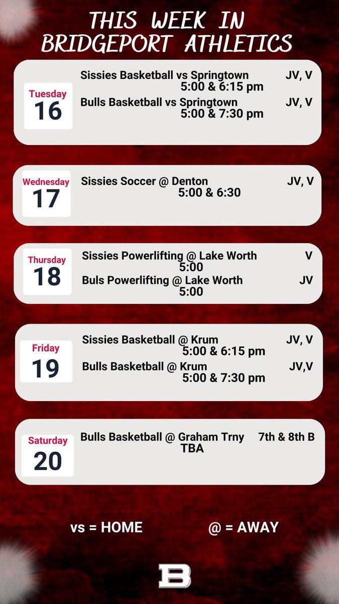 Bulls_Sissies's tweet photo. This week in Bridgeport Athletics
Week of January 15-20
Sissies & Bulls Basketball and Soccer games.
Bookmark your favorite website- https://t.co/WfaPToAzgv
Go Bulls! Go Sissies!
#btb #buhd https://t.co/UCBUVdwIHL