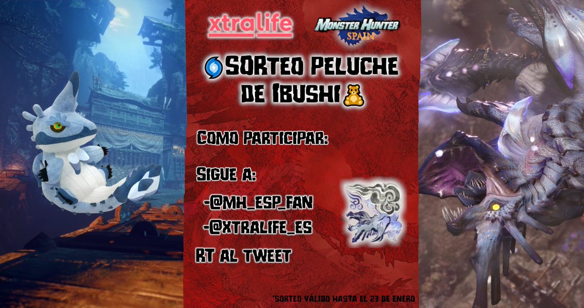 🎁Sorteo peluche de Ibushi🎁 

❓REQUISITOS:
1⃣Dar RT al Tweet   
2⃣Seguir a <a href="/MH_ESP_Fan/">Monster Hunter Spain 🏳️‍🌈🏳️‍⚧️</a> y a <a href="/xtralife_es/">xtralife</a> 

📢Sorteo solo disponible para España 🇪🇸
⏱️Hasta el 23 de enero⏱️

*No validas cuentas de sorteos