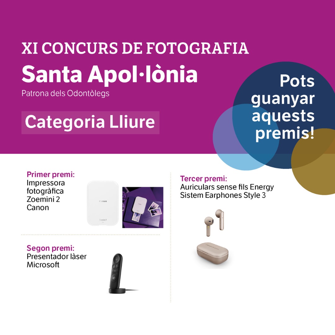📢 ¡Gana alguno de estos premios participando en el XI Concurso de Fotografía Santa Apolonia!✨

➡️ Inscríbete aquí: bit.ly/formularioSANT…

⚠️Sólo pueden participar alumnos, profesores, personal y CUO de la Facultad de Odontología de @uicbarcelona