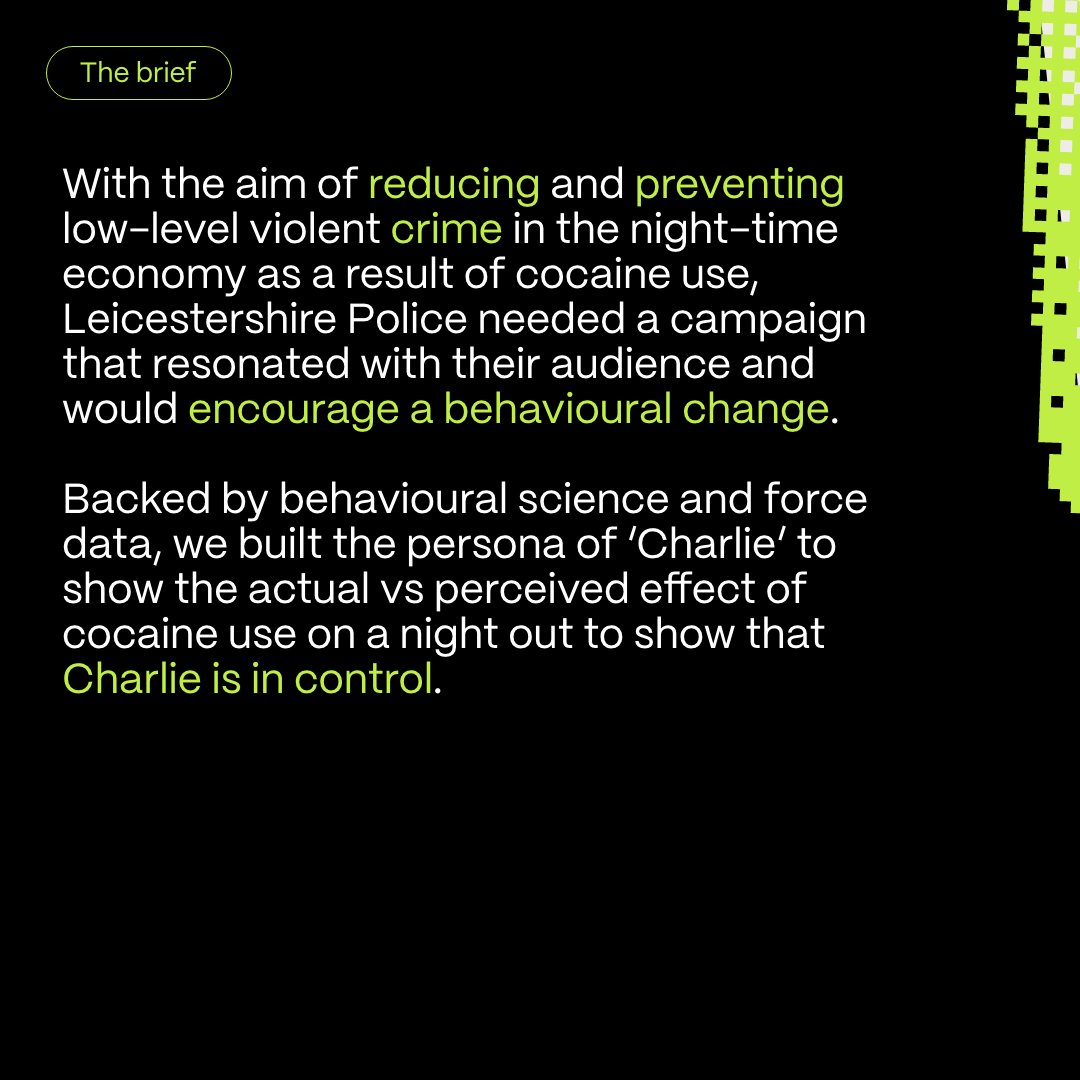 TogetherAgency's tweet photo. We took a stand against Charlie 🛑 Working with Leicestershire Police, our campaign was backed by behavioural science to reduce and prevent low-level violent crime in the night-time economy as a result of cocaine use.

See our other case studies here: https://t.co/okEGMro7Uk https://t.co/1f0u6T88ud
