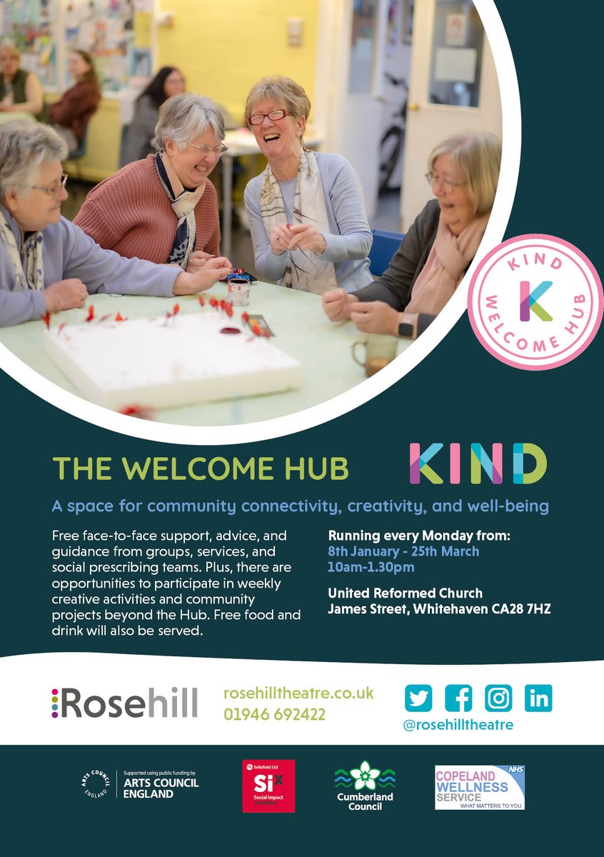 We are happy to be supporting The Welcome Hub which is for the local community with @rosehilltheatre get yourself along each Monday 10am - 2pm at the United Reformed Church, James Street Whitehaven CA28 7HZ. 💚🧡💜💙❤️💛