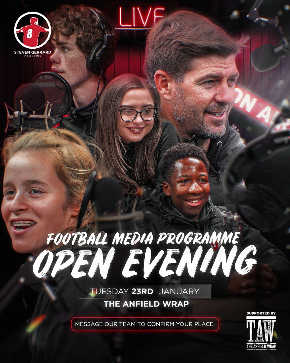 🚨 THE WAIT IS OVER! 🚨 We will be hosting our first open evening of 2024 for the Steven Gerrard Academy and @TheAnfieldWrap Football Media Programme. 🎥 ✍️ - Tuesday 23rd January - Open to students aged 16+ - Located in Liverpool 🔗 Secure your place: stevengerrardacademy.com/apply-football…