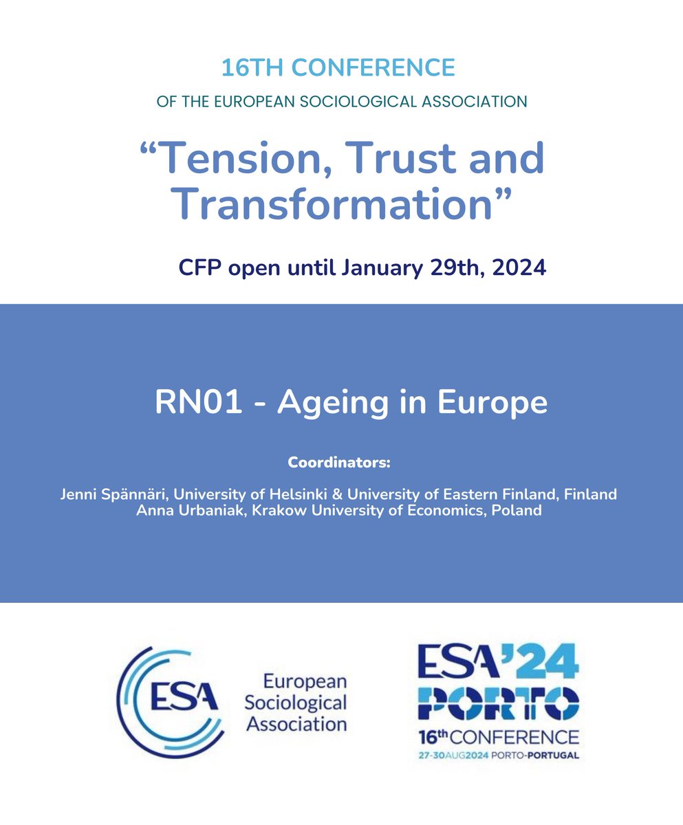 Join ESA's Research Networks at the 16th European Sociological Association Conference! Know more about @ESA_Ageing RN01- Aging in Europe CFP here bit.ly/3OtN4BN #ESA2024 #ESAPorto24