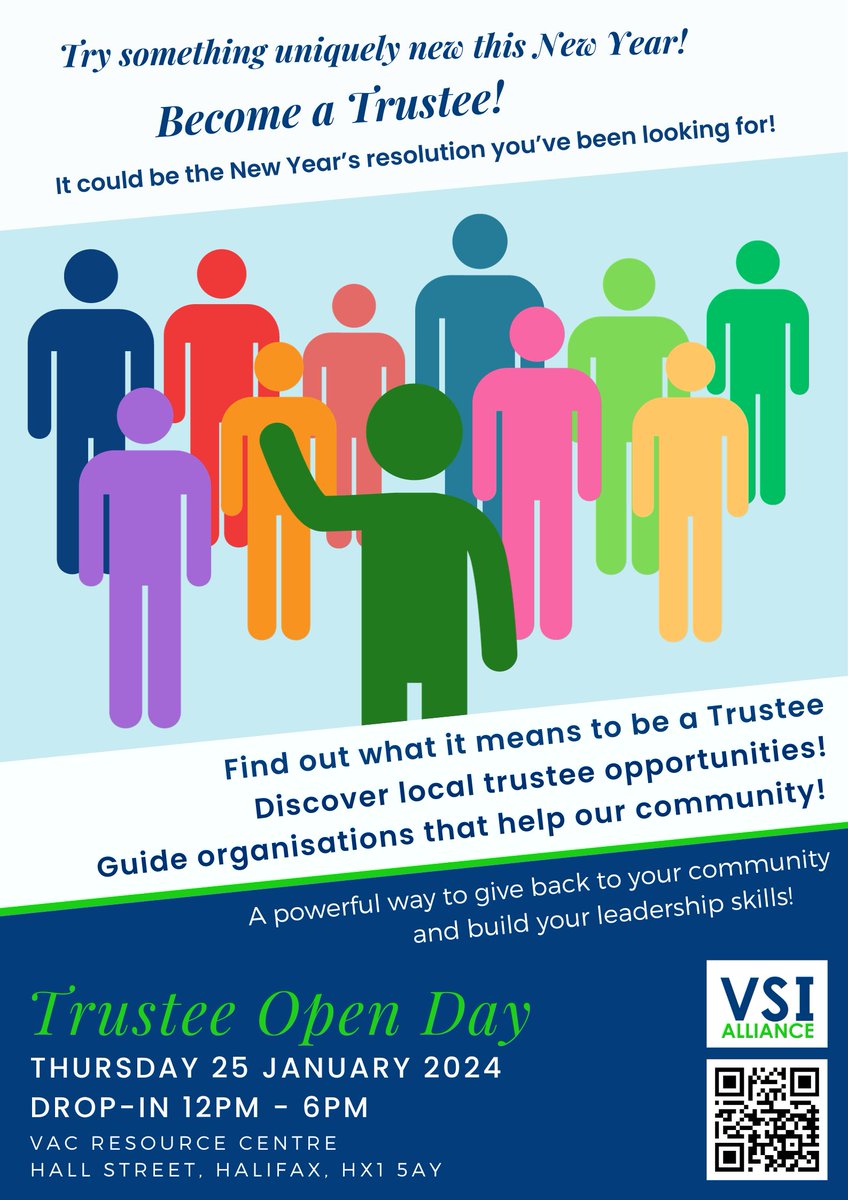 Interested in becoming a Trustee but don't know where to begin? Join us at our Trustee Open Day! 🙋🏽‍♀️ Find out about: 🧡Local Trustee Opportunities 💜What it means to become a Trustee 💙All things Trusteeship 📍Thursday 25th January, Resource Centre, Hall St, HX1 5AY