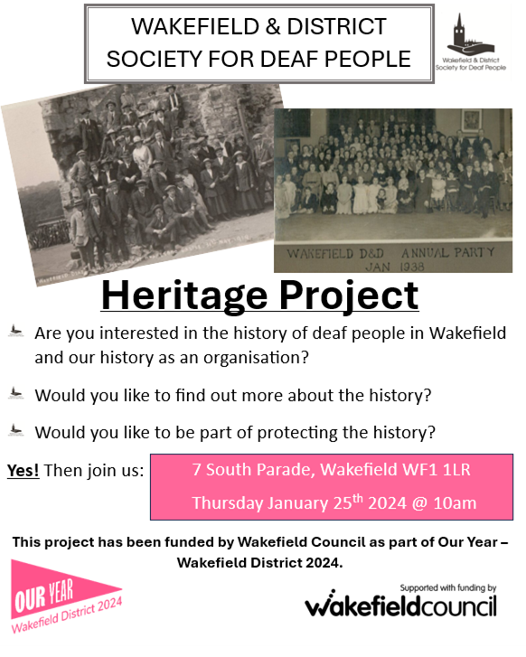 wakefielddeaf's tweet photo. To start off 2024 at @wakefielddeaf, we are starting our heritage work supported by @MyWakefield and @OurYear2024 on Thursday 25 January at 10am #heritageperservation https://t.co/N9eFDl21iq