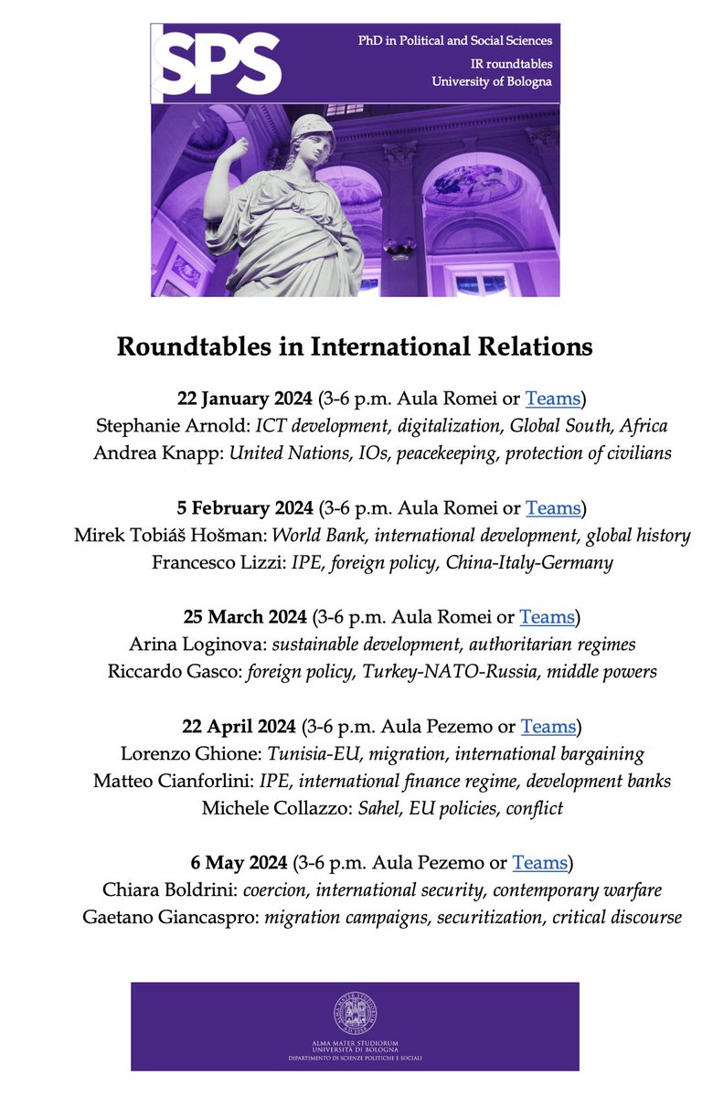 Andrea Knapp (@andrea_knpp) on Twitter photo ✨ Join us for the 2nd edition of our IR roundtables at <a href="/Unibo/">Università di Bologna</a>
📅 Presentations by PhD students between January and May 2024
📍Palazzo Hercolani/via Bersaglieri (Bologna) and online (Teams)
🌏 On what? The whole spectrum of IR research ✨ Join us for the 2nd edition of our IR roundtables at <a href="/Unibo/">Università di Bologna</a>
📅 Presentations by PhD students between January and May 2024
📍Palazzo Hercolani/via Bersaglieri (Bologna) and online (Teams)
🌏 On what? The whole spectrum of IR research