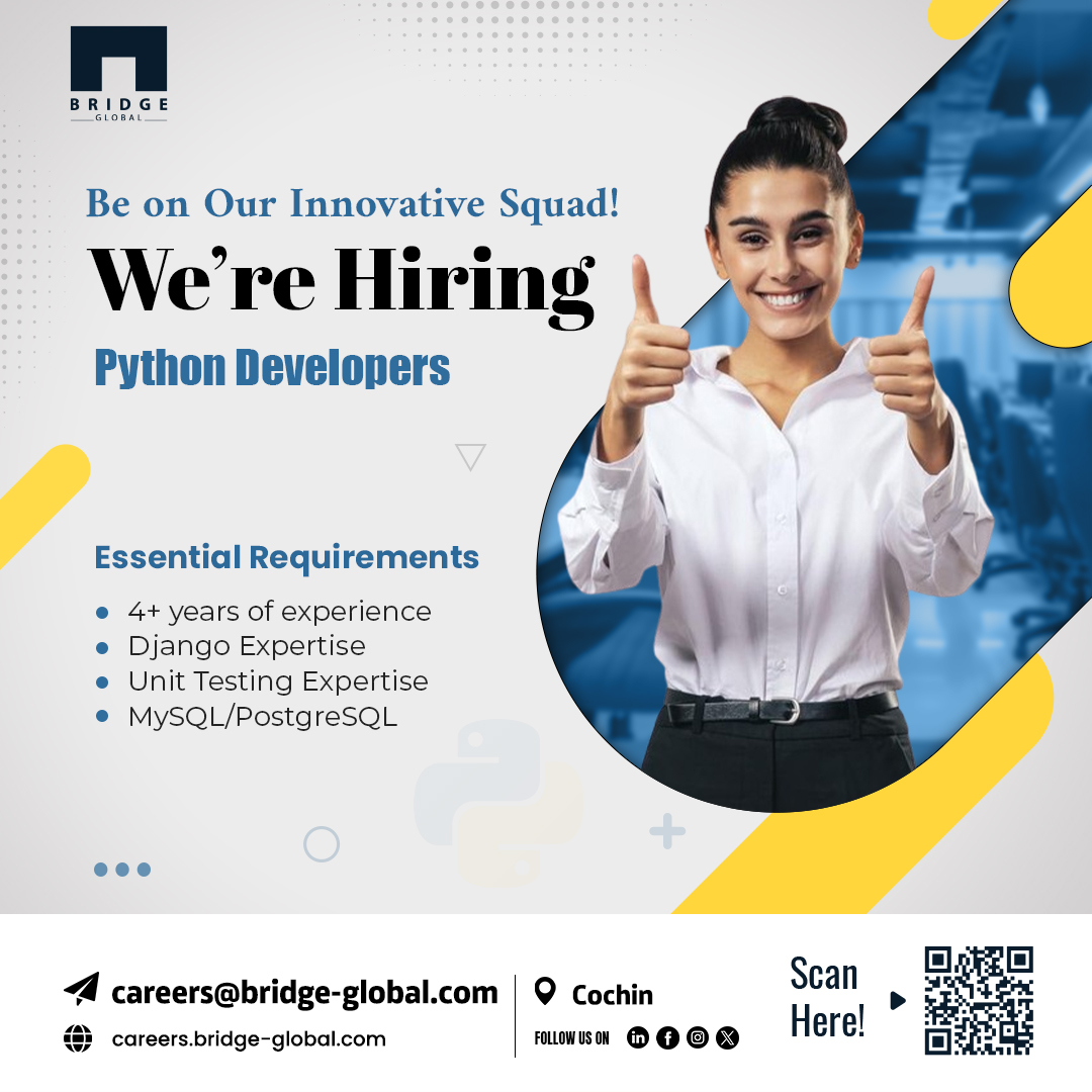 Bridge_Tweed's tweet image. Python maestros, join our squad to deliver your innovation and extraordinaire!
Browse the full JD at careers.bridge-global.com and fly in your CVs to careers@bridge-global.com right away!
#pythondeveloperjobs #pythondevelopers #wearehiring #pythondjango #djangodeveloper