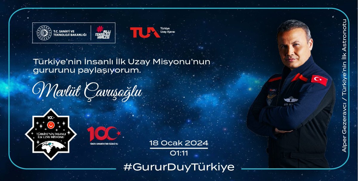 Türkiye'nin uzay yolculuğu başlıyor! 🚀🇹🇷 Cumhurbaşkanımız @RTErdogan liderliğindeki #MilliUzayProgramı ile astronotumuz Alper Gezeravcı'nın, yıldızlara yolculuğu için heyecanlıyız, gururluyuz! #GururDuyTürkiye🇹🇷