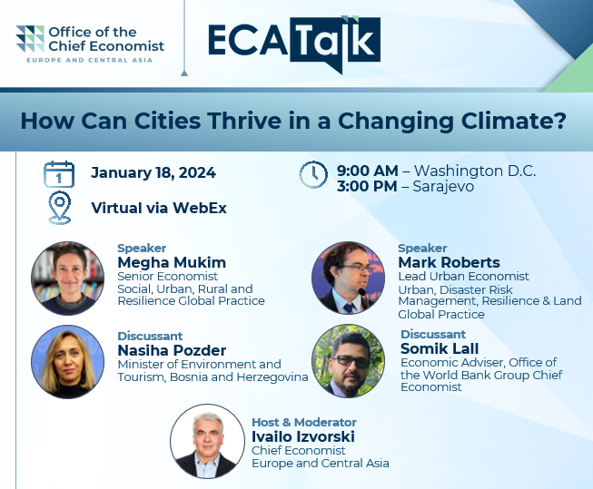 TOMORROW: @IvailoIzvorski, @meghamukim, @mroberts10013, @SomikCities and #BiH Minister Nasiha Pozder will discuss the relationship between #ClimateChange and cities, and how to make urban areas more green, resilient and inclusive. Register here: wrld.bg/mGCL50QpveB