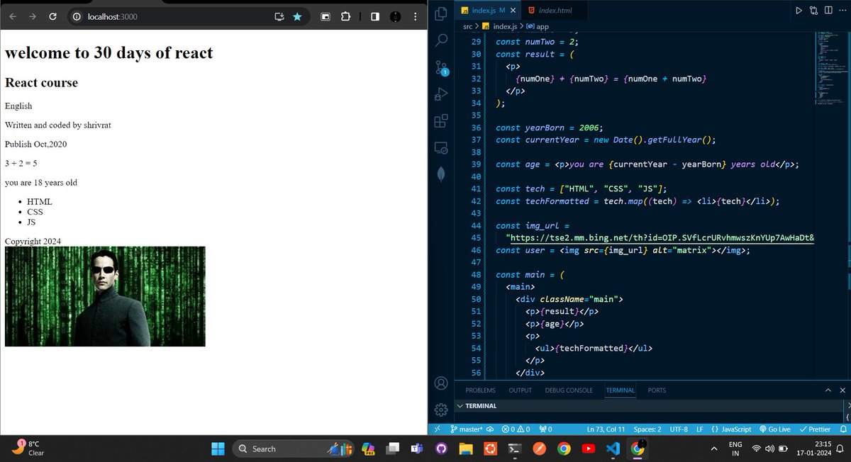 ManiShrivrat's tweet image. #Reactchallenge with @Asabeneh 's #30DaysOfReact
Day-1 : 🔥
✅JSX
✅data injection in JSX
✅React Project Structure
✅Familiarizing myself with the Syntax...
Coming to punch Day-2💪