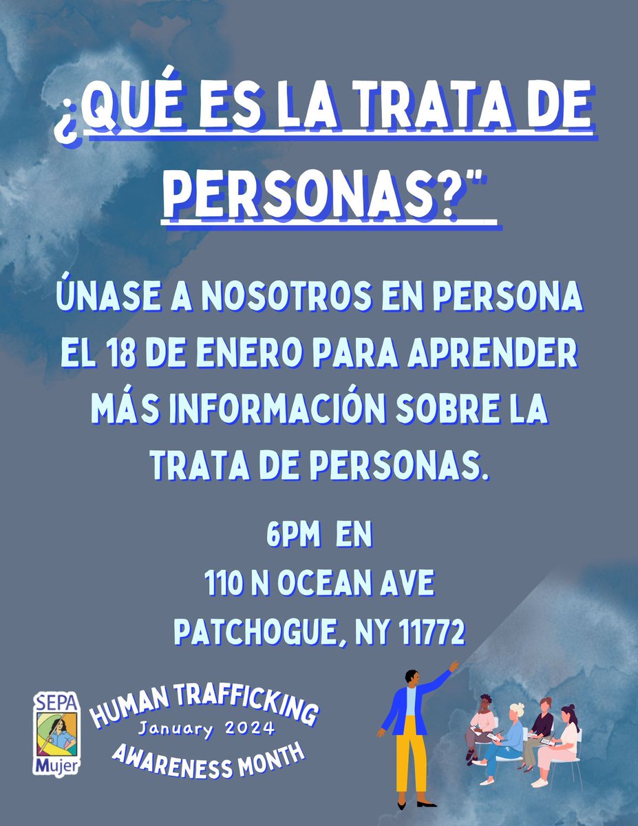Don't miss our in-person workshop tomorrow, January 18th at 6pm at our office - 110 N Ocean Avenue, Patchogue! 🗓️ #EndHumanTrafficking 

 ¡No te pierdas nuestro taller presencial mañana el 18 de enero a las 6pm en nuestra oficina - 110 N Ocean Avenue, Patchogue! 🗓️