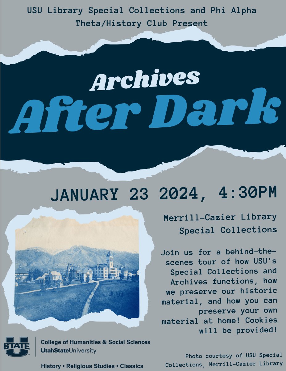 <a href="/usuhistory/">USU History</a>'s Phi Alpha Theta invites you to explore <a href="/USULibraries/">USU Libraries</a> Special Collections after dark🌛
