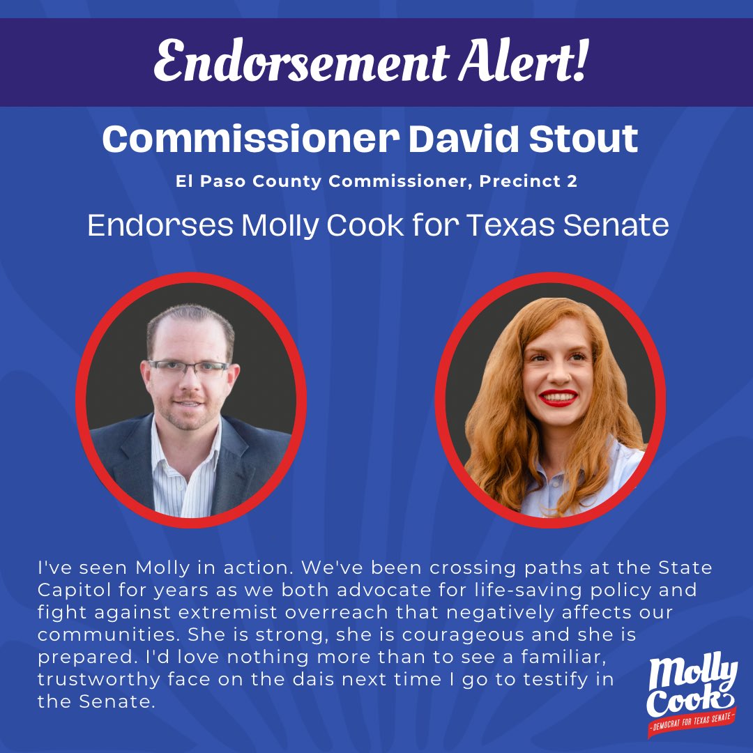 Senator Molly Cook (@mollyfortexas) on Twitter photo I am grateful for El Paso County Commissioner <a href="/davidforelpaso/">David Stout</a>’s endorsement! We have testified together in support of safer infrastructure, local control, and to urge Texas leadership to value environmental justice. It is an honor to have his support and serve alongside him. I am grateful for El Paso County Commissioner <a href="/davidforelpaso/">David Stout</a>’s endorsement! We have testified together in support of safer infrastructure, local control, and to urge Texas leadership to value environmental justice. It is an honor to have his support and serve alongside him.