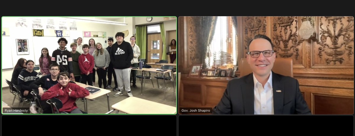 MrRyanHardesty's tweet photo. Thank you to Governor @JoshShapiroPA for joining my class today and answering students’ questions! You were so kind to them. We’re so appreciative of you giving us your time. @PADeptofEd @nstoypa https://t.co/LTVGbxaKau