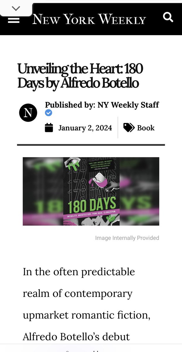 alfredobotello's tweet photo. Thanks to the New York Weekly for their great review of 180 Days.
Book available at https://t.co/QueqrbsYaj https://t.co/3GrBka3cmq