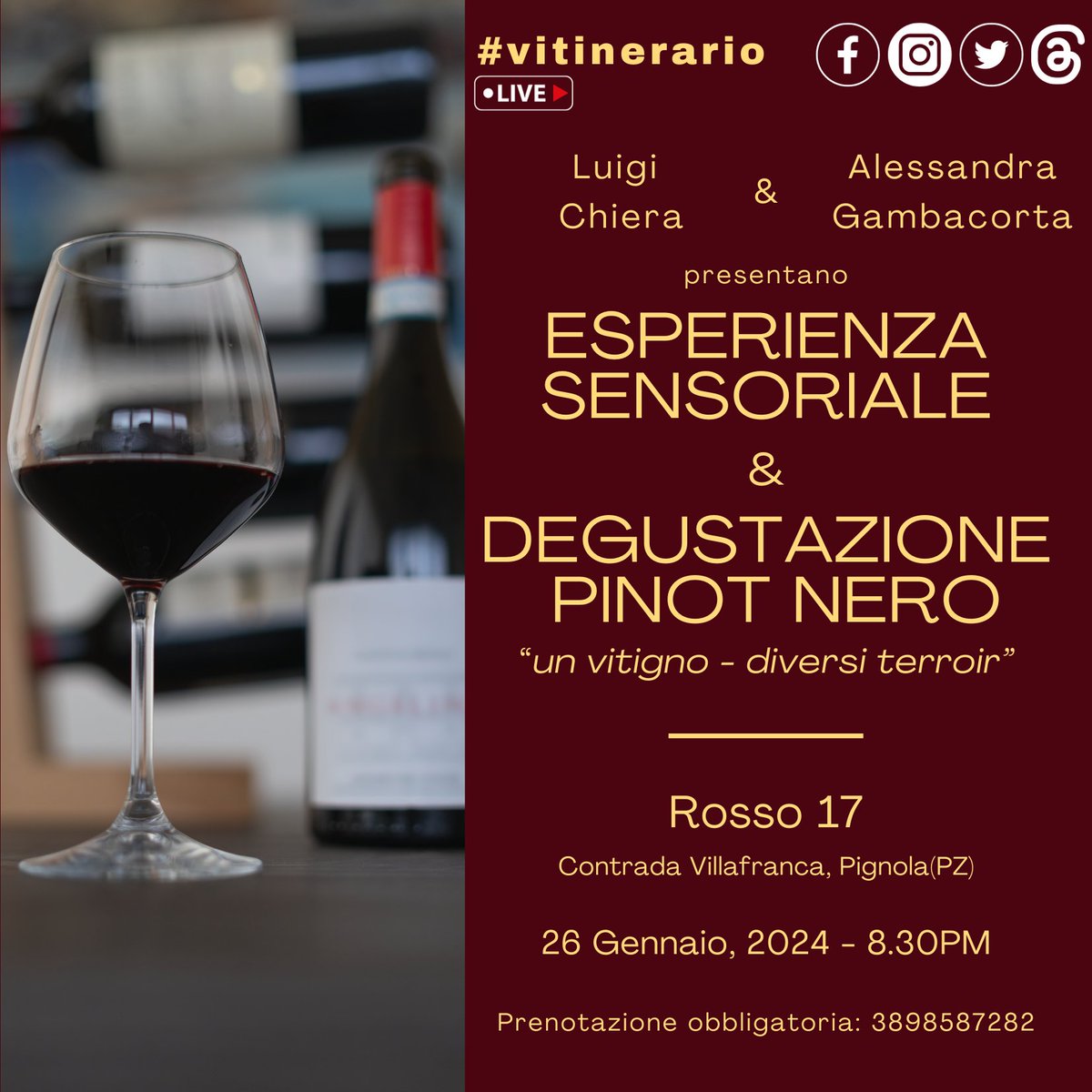 🔴🔵

Primo appuntamento del 2024 con il 🍷 #vitinerario 🔴 #LIVE

Vi aspettiamo per vivere insieme le suggestioni del percorso emozionale e, successivamente, degusteremo e racconteremo alcuni Pinot Nero abbinati alle proposte culinarie 🍽 di Rosso 17!

#winetasting #winelover
