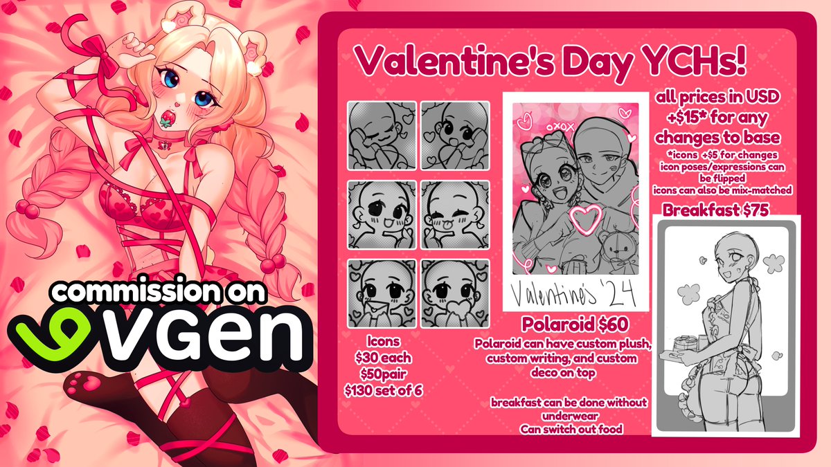 It's almost Valentine's Day! 🍓💕

My V-Day YCHs are available now on VGen (link below) or you can DM me on Twitter!