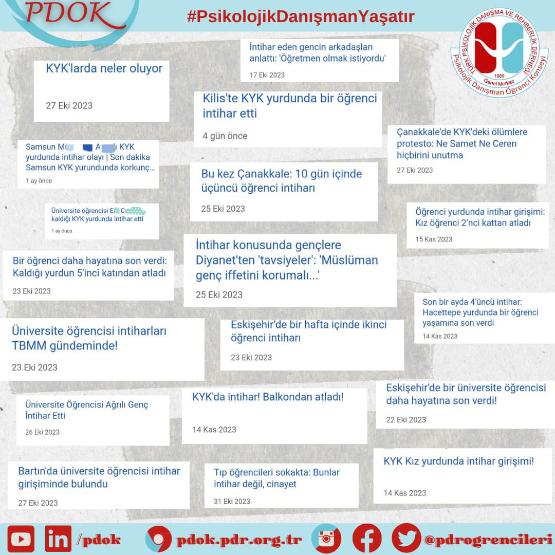 GSB KYK yurtlarına Psikolojik Danışman istihdamı gereklidir. 

Söz konusu kurumlarda yaşanan bu üzücü hadiselere sessiz kalamayız. 

Biz PDR öğrencileri ve yarının  Psikolojik Danışmanları bu duruma ses çıkarıyoruz. 

#PsikolojikDanışmanYaşatır

<a href="/kaan_pd/">Kaan Bilgiç</a> 
<a href="/pdrogrencileri/">PDOK</a>