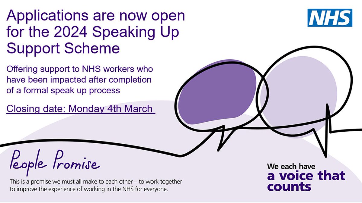 NHS England is proud to offer the Speaking Up Support Scheme again this year. Applicants must have completed a formal speak up process, or have an outcome. For further eligibility criteria and how to apply, visit: bit.ly/3d04FkV