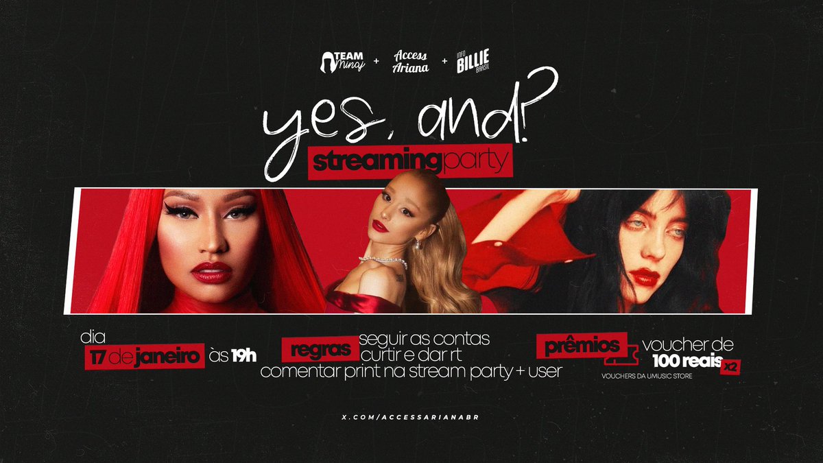 🚨 Hoje, às 19h, faremos uma stream party para “yes, and?” no STATIONHEAD com apoio dos portais de Nicki Minaj e Billie Eilish.

Durante a streaming party faremos sorteio de DOIS PRÊMIOS para os participantes!