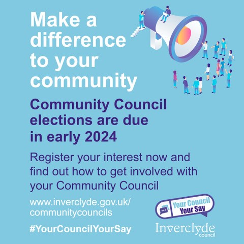 Register now to become a Community Councillor. Nominations are being accepted until Wednesday, 7 February 2024. A minimum of 5 Community Councillors are needed across all 11 Community Council areas. Find out more and register now at inverclyde.gov.uk/communitycounc…