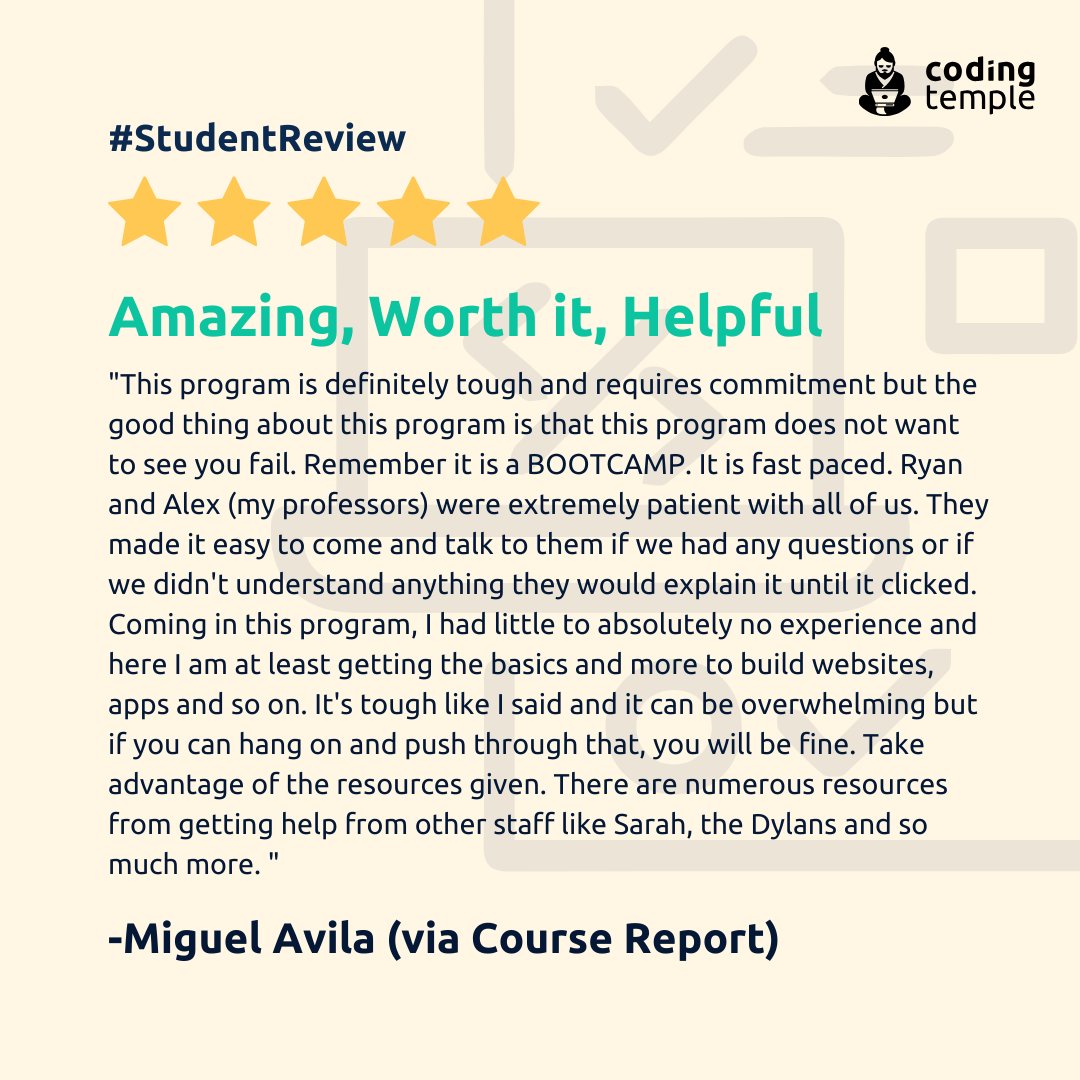 codingtemple's tweet image. Miguel Avila's review speaks volumes about our commitment to your success. Apply for our courses in Software Engineering, Data Analytics, Cybersecurity, and Quality Assurance, and embark on the transformative tech journey that awaits you. 💪🌟
#CodingTemple #StudentSuccess