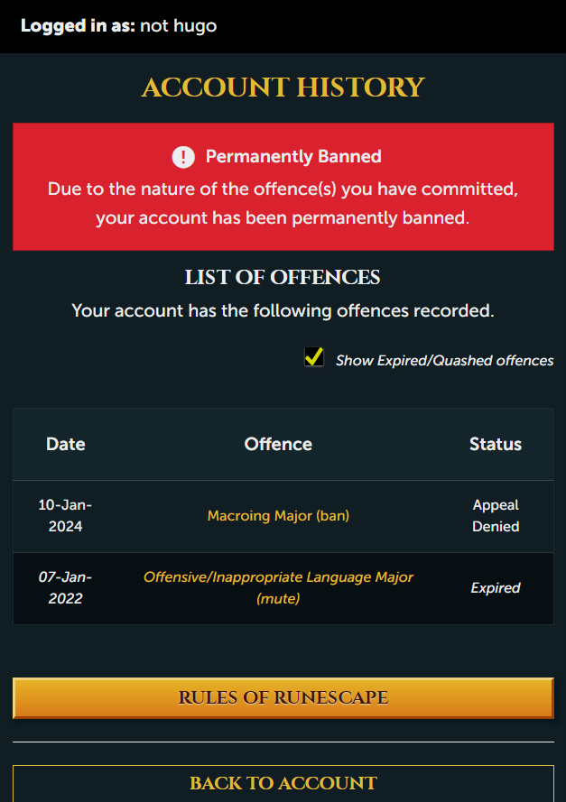 My old 8 year old osrs account was perm banned on my first offence right after leagues ended (haven't played in months prior). 
Could this be looked at? Appeal got denied on a weekend that's also weird.
<a href="/JagexZee/">Mod Zee</a>
<a href="/JagexTwisted/">Mod Twisted</a>
<a href="/JagexAthena/">Mod Athena</a>
<a href="/JagexAyiza/">Ayiza</a>
<a href="/JagexLight/">Mod Light</a>