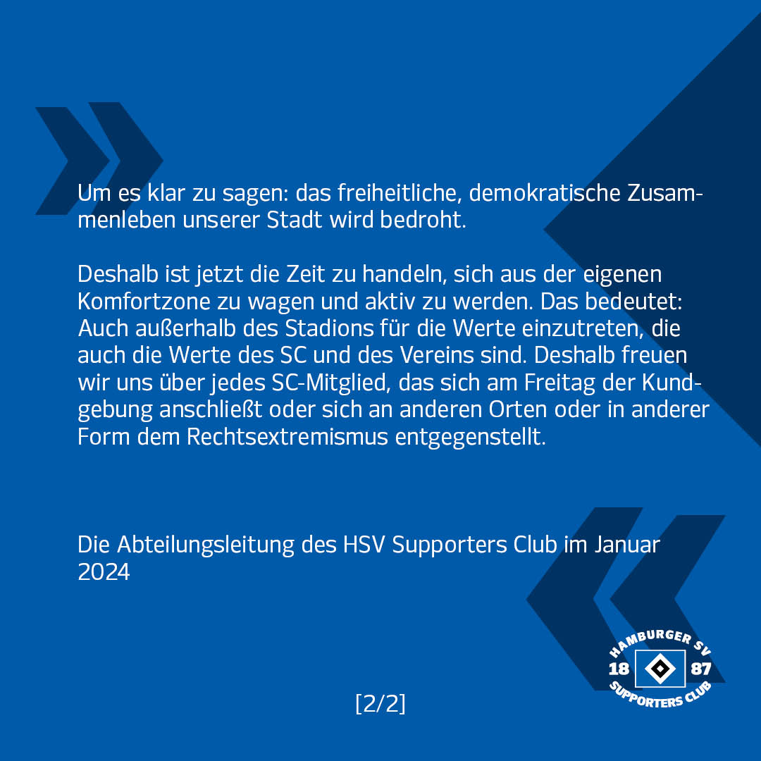 Wir rufen zur Teilnahme an der Kundgebung gegen Rechtsextremismus und neonazistische Inhalte am Freitag, den 19. Januar auf 🔷👇

#nurderHSV